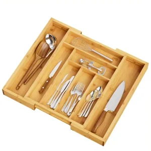 Bamboo Kitchen Drawer Knife Silverware Cutlery Spoon and Fork Expandable Bamboo Drawer Organizer