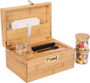 Bamboo Large Natural Box With Hinged Lid Bamboo Wood Multi purpose Storage Box with Tray 2 Compartments Natural Wood