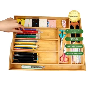Bamboo Modern Minimalist Solid Color Rectangular Drawer Divider Storage Box Extendable Cutlery Compartments Organizer