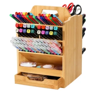 Bamboo Pen Holder Organizer 360° Rotating Art Supply Storage Caddy Holds 400+ Pencils Office Desk Stand Box with Handle