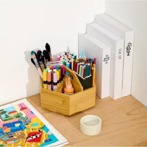 Bamboo Polygon Box Rotating Art Supply Desk Organizer Pen and Pencil Holder for Desk Desktop Storage for Office School