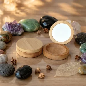 Bamboo Portable Travel Magnetic-Lid Storage Box Round Cosmetics Divider Customizable Pocket Wooden Compact Makeup Mirror Box