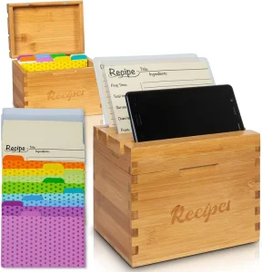Bamboo Recipe Card Box Wood Recipe Box With 16 Dividers 70 Recipe Cards and 2 Protective Sleeves