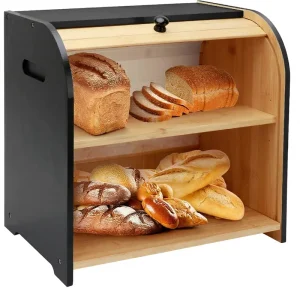 Bamboo Rectangle Country Style Double Layer Roll Top Bread Box 2 Compartments 3 Adjustable Heights 27 Liters Natural Storage