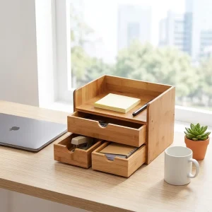 Bamboo Rectangle Desk Organizer 3 Drawers Top Tray Modern Handcrafted 3-Tier Dustproof Storage Box for Office Makeup Stationery