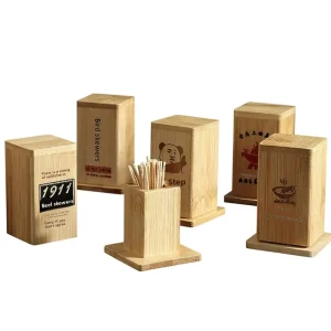 Bamboo Toothpick Boxes Holders for Restaurants Hotels Eateries Custom engraved Logos UV Color Printing Chinese Style