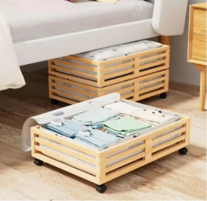 Bamboo Under Bed Storage Containers Storage Box Wood Bamboo Large Capacity Underbed Organizer With Wheels