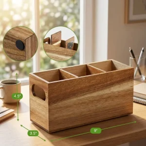 Bamboo Utensil Holder with Compartments Kitchen Countertop Organizer Wooden Cutlery Caddy Desktop Storage Box for Spatula Spoon