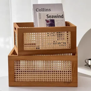 Bamboo Vintage Storage Basket Woven Wicker Style Organizer for Bathroom Bedroom Closet Toy Storage OEM Custom Logo