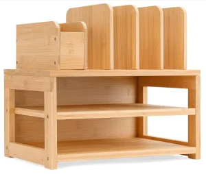 Bamboo Wood 3 Tier Modern Multi Purpose Standing Desk Organizer Pen File Holders Upright Sections for Home Office Living Room