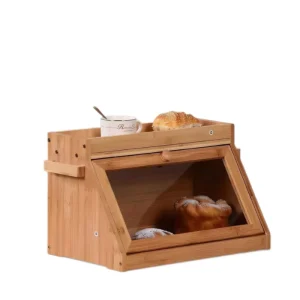 Bamboo Wood Bread Box with Cutting Board Lid Natural Wooden Food Storage Container for Bread Pastry Bin
