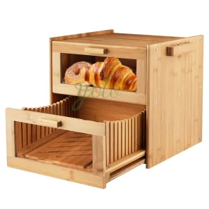 Bamboo Wood Bread Storage Box Bin 2-Layer Adjustable Height Kitchen Counter Organizer for Baked Fruits Snacks