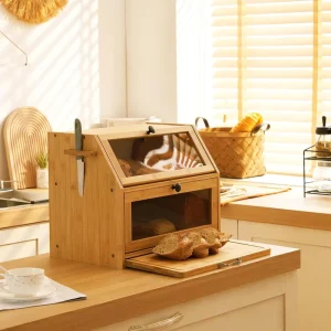 Bamboo Wood Double Bread Box Flip Transparent Large Capacity Modern Design Fresh-Keeping Snack Fruit Storage Box