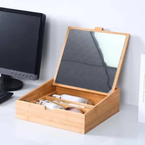Bamboo Wood Eco-Friendly Modern Cosmetic Mirror Jewelry Organizer Storage Box with 3-6L Capacity for Rings Watches Necklaces