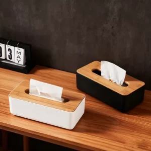 Bamboo Wood Lid Injection Molded Rectangular Tissue Box for Desktop Living Room Restaurant Bathroom Advertising Use