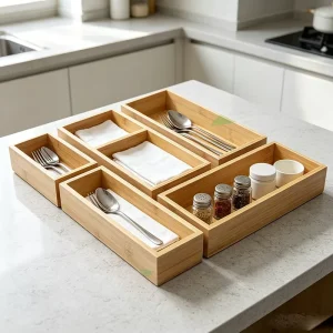 Bamboo Wood Organizer Set 5 PCS Polished Multi Use Storage Trays & Dividers for Modern Home Decoration