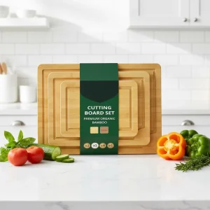 Bamboo Wood Rectangle Cutting Board 1.4cm Thickness Dishwasher Safe Charcuterie Chopping 3 Piece Set Stand Juice Groove Handles