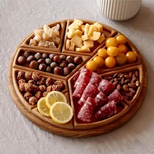 Bamboo Wood Round 8 Compartment Serving Tray Detachable Snack Platter for Nuts Pizza Bread Party Gathering Dessert OEM