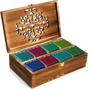 Bamboo Wood Storage Box with Carved Lid 8 Compartments for Tea Bags Spice Packets Suitable for Living Room Kitchen & Office
