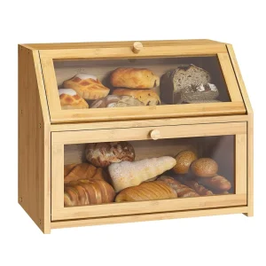 Bamboo Wooden Extra Large Bread Box With Clear Window Double Layer Capacity Bin Kitchen Food Storage Container