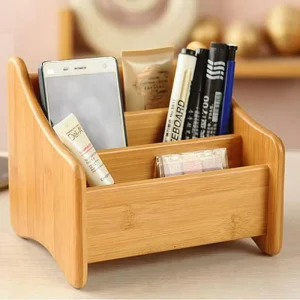 Bamboo Wooden Foldable Standing Type Remote Control Holder with 3 Compartments Food Grade Certified Kitchen Use