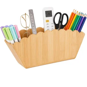 Bamboo Wooden Pencil Holder Wooden Desk Organizer with 4 Compartments for Pens Markers Makeup Brushes Remote Controls