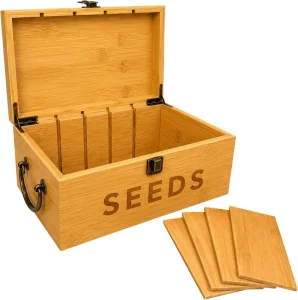 Bamboo garden seed storage box wooden seed box with removable divider metal handle and latch garden seed bags and storage