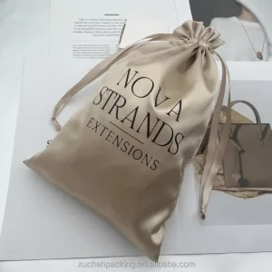 Beige Apricot Color Eco Friendly Satin Drawstring Bag Dust Pouch for Hair Bundles Gift Bag Clothing Custom