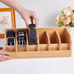 Belt Organiser Box Made of Bamboo with 6 Dividers Sturdy Wooden Display Case for Men’s Belts Versatile Belt Stand
