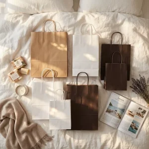 Bespoke Kraft Paper Shopping Pouches Black and White with Emblem Tan Handle Eco Durable Craft Paper for Wrapping Paper Kraft Bag
