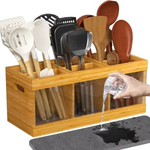 Best Seller Rustic Wooden Utensils Holder Rectangle Cutlery Organizer with Stand for Kitchen Storage Flatware Organizer