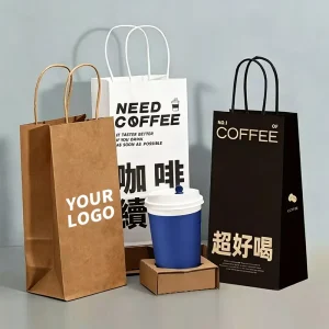 Biodegradable Compostable Natural Kraft Reinforced Handle Greaseproof Office Catering Beverage Takeout Coffee Paper Bags