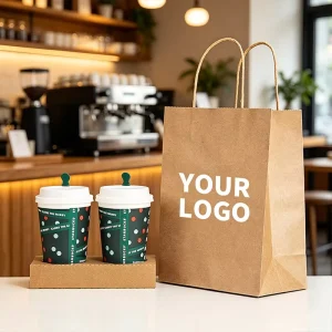 Biodegradable Disposable Brown Kraft Flat Handle Food Safe Grocery Store Beverage Takeout Bulk Coffee Paper Bags