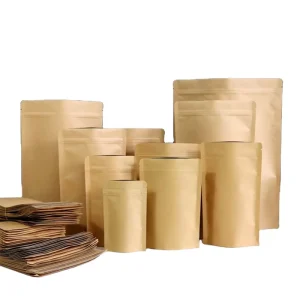 Biodegradable Eco Plain Ziplock Stand up Bag with Window Custom Logo Pouch Square Bottom Kraft Paper Bag Manufacturer