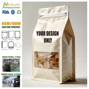 Biodegradable Kraft Paper Bag with Window Recycled Material Custom Printed Flat Box Bottom Stand up Pouch for Bakery Packaging