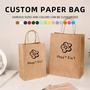 Biodegradable Recyclable Natural Kraft Flat Handle Greaseproof Food Safe Mall Food Court Takeaway Paper Bags