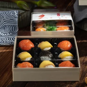 Biodegradable Wooden Kraft Paper Disposable Foldable Lunch Box Sushi Tools for Takeaway Cake Packaging Bento Style