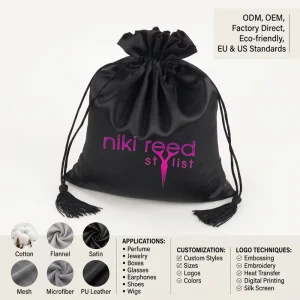Black Custom Logo Recyclable Silk Drawstring Bag Satin Dust Bag Packaging Pouch Bags for Hair Shoes & Perfume