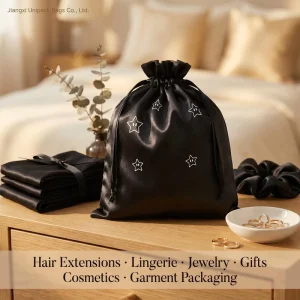 Black Satin Gift Bag with Drawstring Custom Full Print Star Pattern Brand Packaging Pouch Hair Extension Dust Bag Bulk