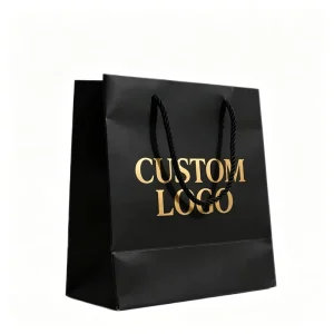 Black Shopping Paper Bags With Black Rope Handles Custom Gold Foil Two-line Brand Logo Print for High-end Retail Gift Packaging