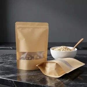 Blank Biodegradable Kraft Paper Stand up Pouch With Transparent Window Resealable Zipper Bag for Nut Grain Dried Fruit Dry Snack