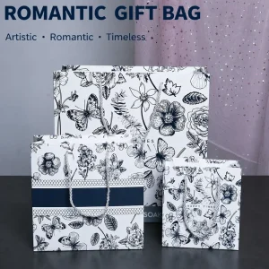 Blue White Butterfly Floral Paper Gift Bags 2 Designs 3 Sizes Recyclable Totes Drawstring Offset Printing Custom Logo