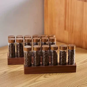 Borosilicate Glass Coffee Bean Storage Jars with Walnut Base Supports
