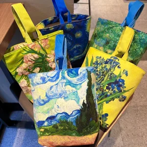 Brand Designer Van Gogh Oil Painting Canvas Tote Shoulder Bag Mini Travel Bag Vintage Cotton Thread Women’s Foldable Bags