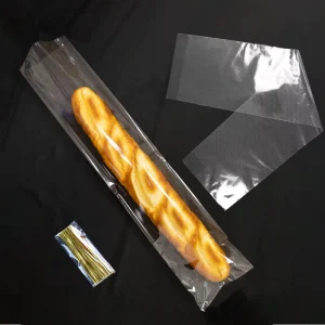 Bread Bag Plastic Packaging Clear BOPP OPP Micro Perforated Baguette Bag with Gold Twist Ties