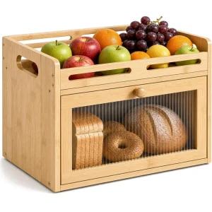 Bread Box Kitchen Countertop Bamboo Bread Storage Container with Top Shelf and Acrylic Window Farmhouse Organizer for Fruit Spice