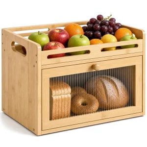 Bread Box for Kitchen Bamboo Bread Storage Container with Raised Rail Top Shelf and Acrylic Window Farmhouse Breadbox