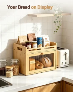 Bread Box for Kitchen Countertop Bamboo Bread Storage Container with Raised Rail Top Shelf and Acrylic Window Farmhouse