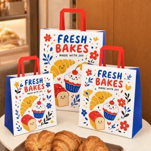 Bright Custom Printed Paper Bags With Flat Handles Bakery Bread Cakes Takeaway Food Packaging Shopping Bags Factory