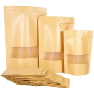 Brown Kraft Paper Biodegradable Stand up Pouch Clear Front Window Resealable Zip Lock for Chewing Gum Pet Food Sushi Jelly